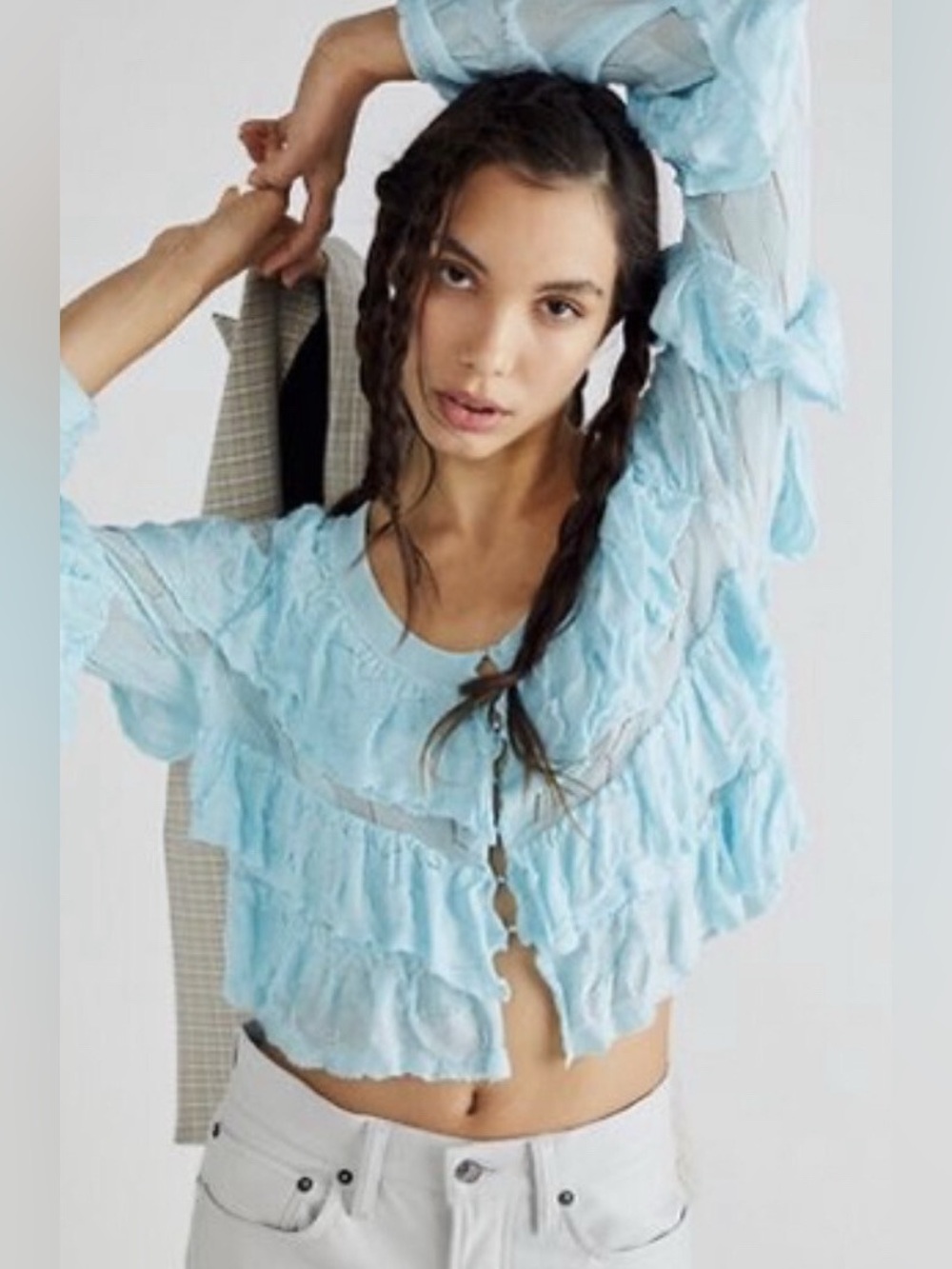 Free People Sz Sm Blue Ruffle Cardigan